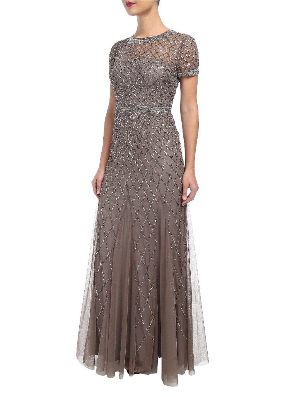 Adrianna Papell Womens Short-Sleeve Grid Beaded Gown, Lead , 12